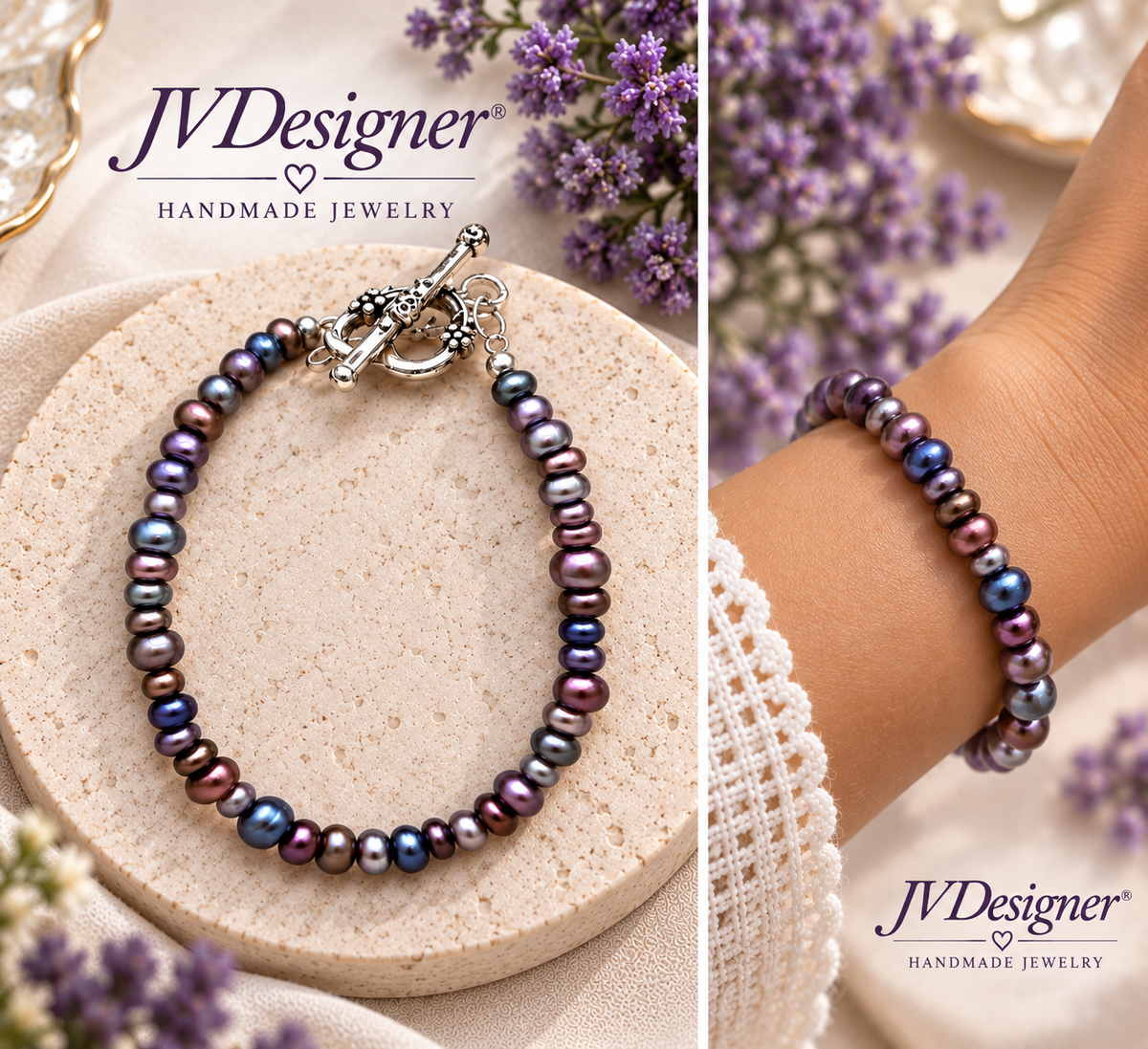 A split-view jewelry listing showing a pearl bracelet. The left panel shows the bracelet laid on a round stone display with lavender flowers and the JVDesigner branding; the right panel shows the bracelet worn on a person's wrist.