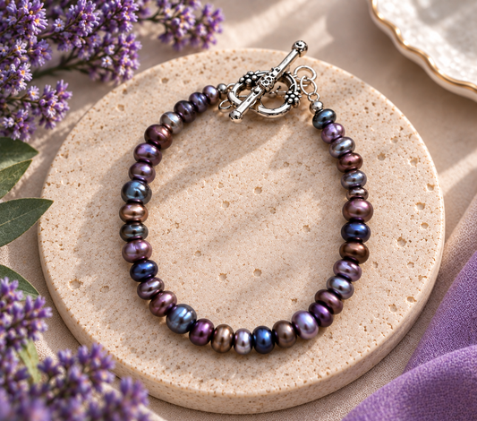 A beaded bracelet made of iridescent freshwater pearls in shades of purple, blue, and brown, with a silver toggle clasp, displayed on a round beige stone coaster with purple flowers in the background.