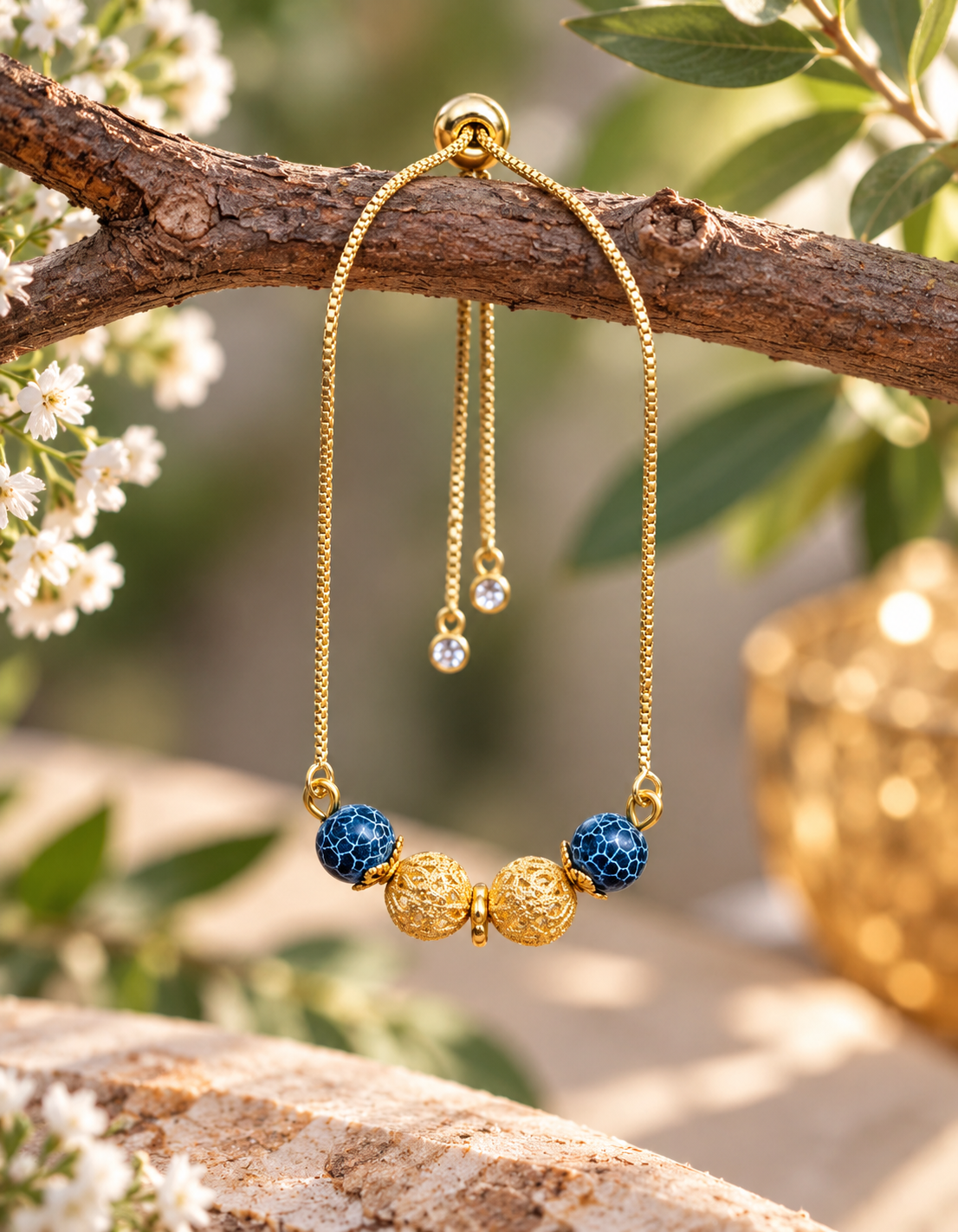 Gold adjustable bracelet with deep blue crackle beads, ornate gold filigree beads, and dangling crystal charms on an elegant jewelry display.