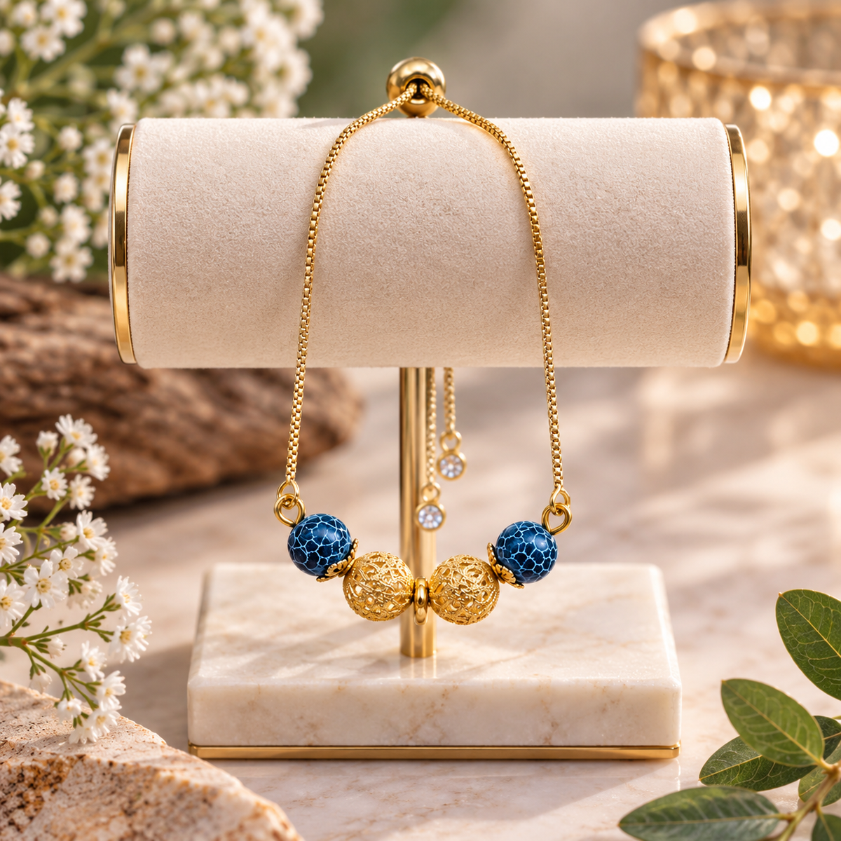 Gold plated blue bead bracelet with cobalt blue beads and gold charms, front view