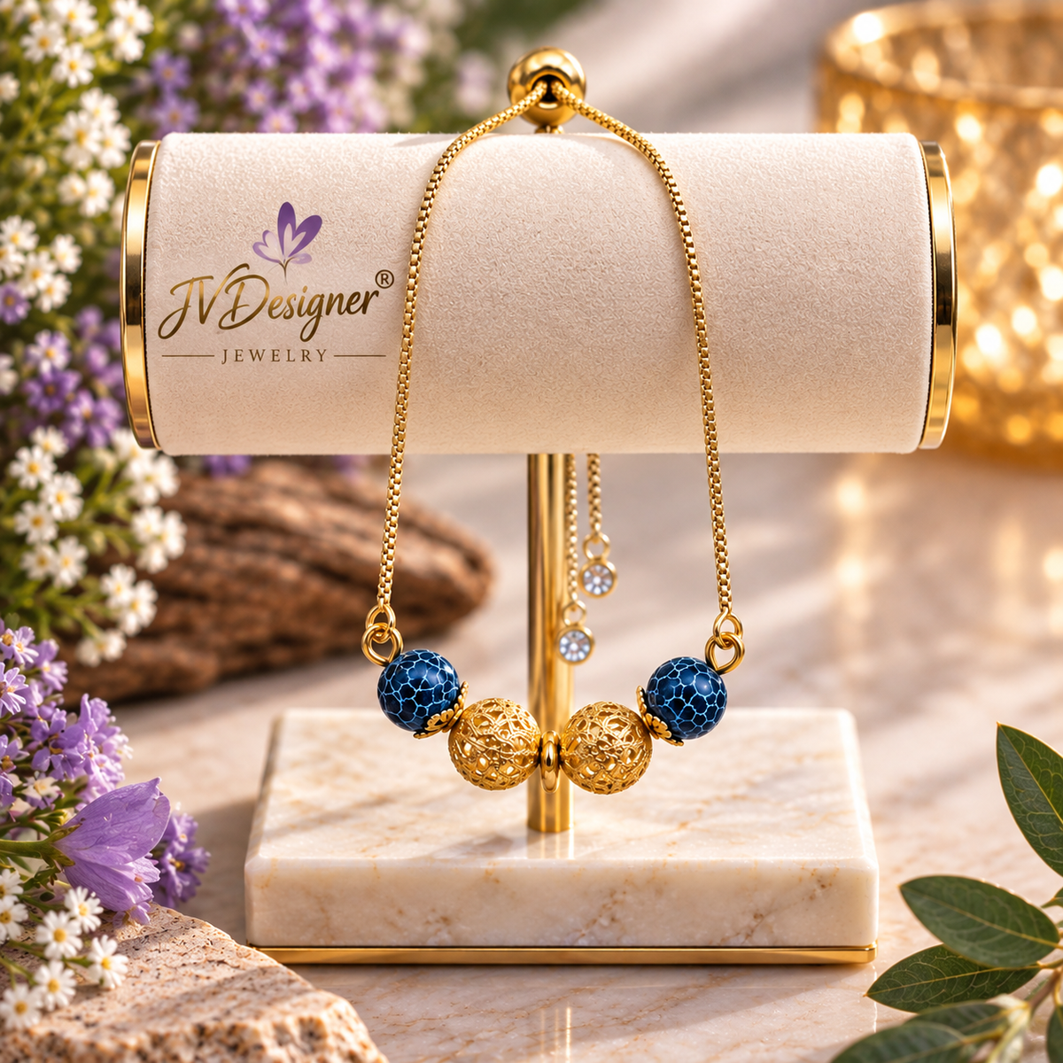 Gold plated blue bead bracelet with blue faceted beads and gold bow charm on display stand