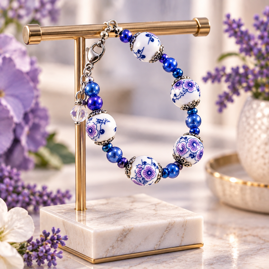 Blue and white floral beaded bracelet with purple and blue accent beads, silver filigree details, and a crystal charm hanging from an elegant gold jewelry display stand.