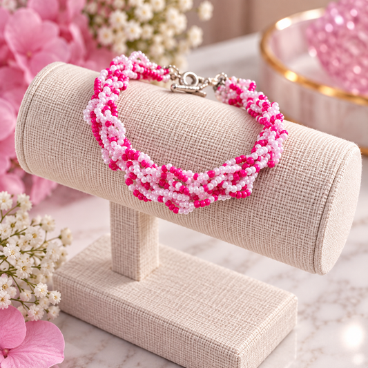 A beaded bracelet with a floral pattern in pink, white, and light blue, displayed on a beige fabric jewelry stand. The background features soft pink flowers and a marble surface.