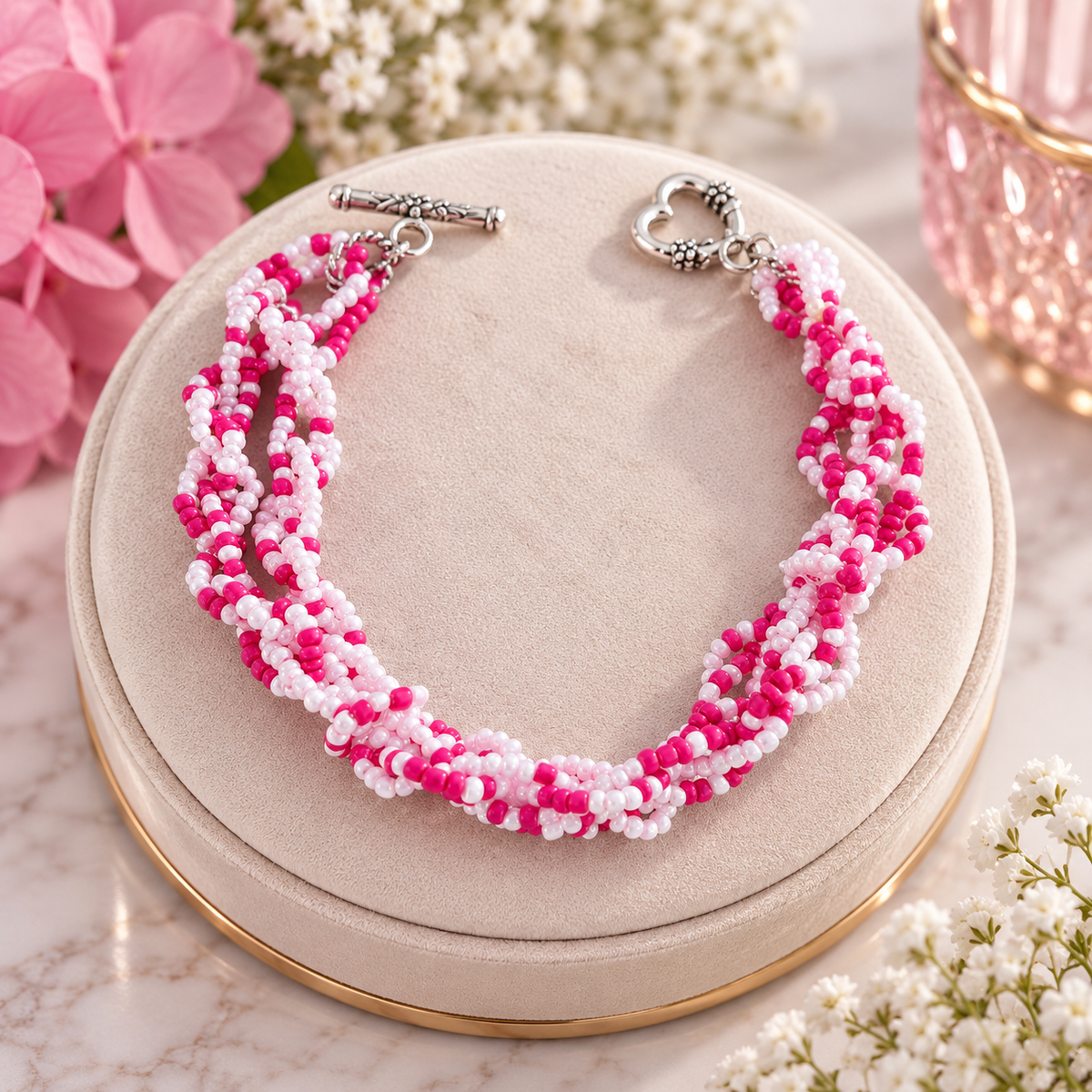 A beaded statement necklace with pink and white seed beads, featuring a silver toggle clasp, displayed on a round beige velvet jewelry stand with decorative flowers in the background.