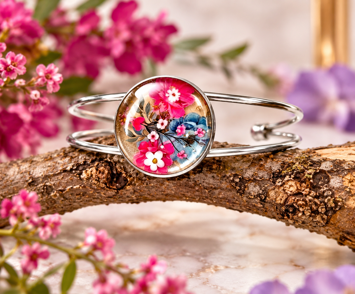 A silver-toned open cuff bracelet with a round cabochon featuring a colorful floral design, resting on a textured branch with pink flowers in the background.
