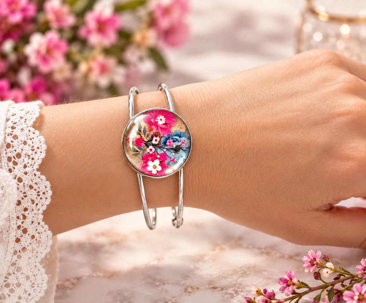 A silver double-wrap cuff bracelet with a round floral cabochon, worn on a person's wrist. The floral design features pink, red, and blue flowers with green leaves.