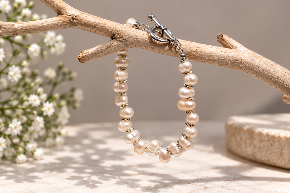 A pearl beaded bracelet with silver spacer beads and a silver toggle clasp, hanging from a natural wood branch in a styled setting with white flowers and a stone background.