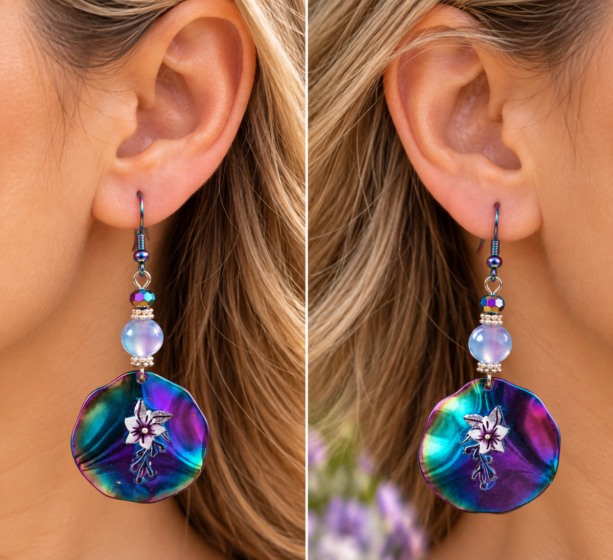 A side-by-side close-up of a model's ear wearing a pair of dangling earrings. The earrings feature large, iridescent shell-shaped drops in blue, green, and purple with a small white flower detail, connected to iridescent beads and silver-toned metal hooks.