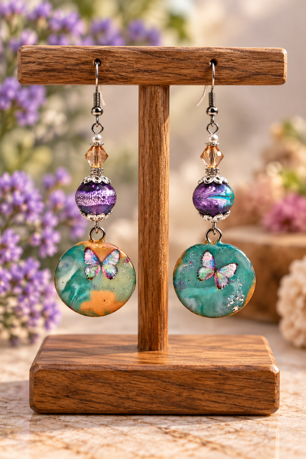 A pair of dangling earrings displayed on a wooden stand. Each earring has a silver fishhook, a faceted clear bead, a purple marbled bead, and a round turquoise and teal disc charm featuring a butterfly design.