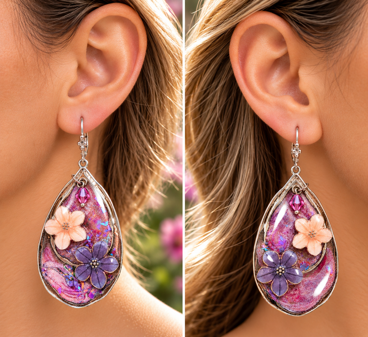 A side-by-side close-up of a model's ear wearing a pair of teardrop-shaped dangling earrings. The earrings have silver-tone metal frames and hooks, featuring a pink and purple iridescent resin background with a small pink flower and a purple flower charm.