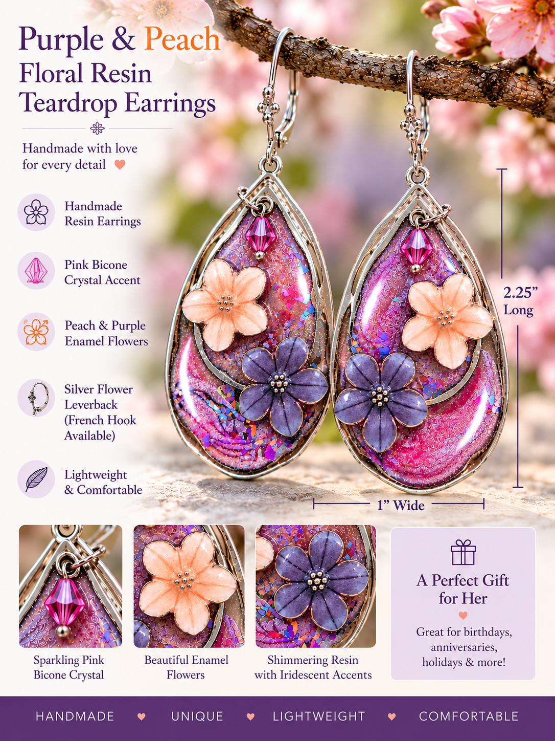 Purple & Peach Floral Resin Teardrop Earrings shown hanging from a tree branch, with product details, dimensions, inset close-ups, and marketing text on a soft floral background.