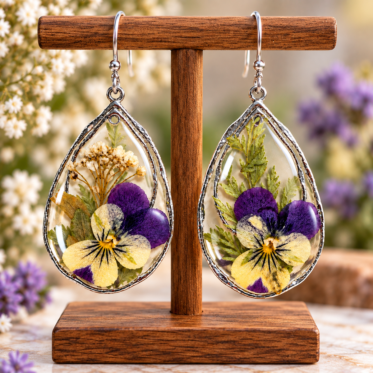 A pair of teardrop-shaped silver hoop earrings with clear resin domes containing pressed purple pansies, yellow and white flowers, and green leaves, displayed on a wooden stand.