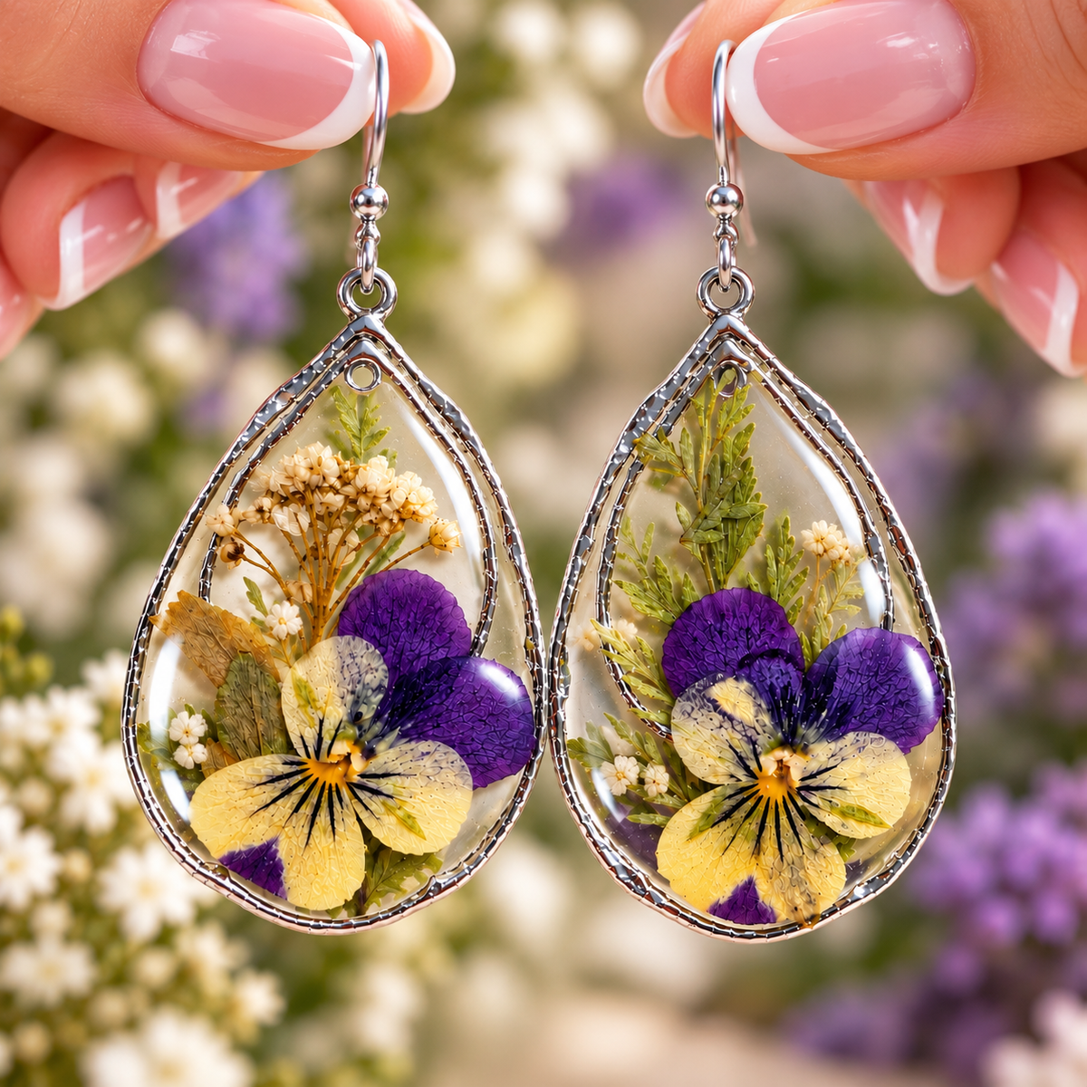 A pair of teardrop-shaped silver dangle earrings with dried purple and yellow pansies and small white flowers under clear resin, held by two hands against a blurred garden background.