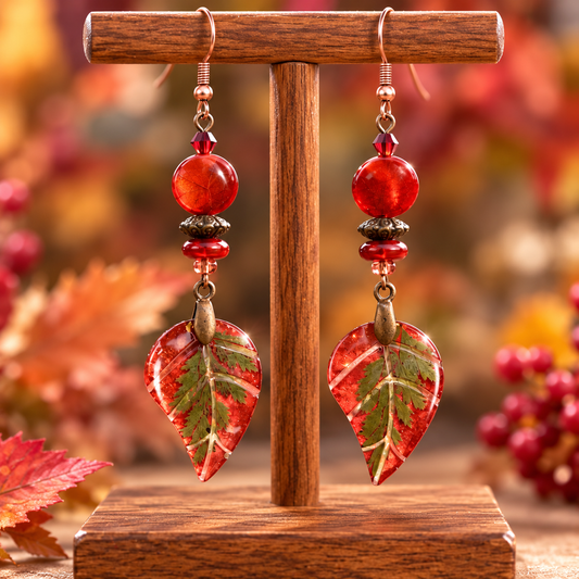 A pair of dangling earrings displayed on a wooden stand, featuring red translucent beads, small bronze-toned spacer beads, and leaf-shaped pendants with a red and green marbled pattern. The background is a soft-focus autumn scene with orange and red foliage.