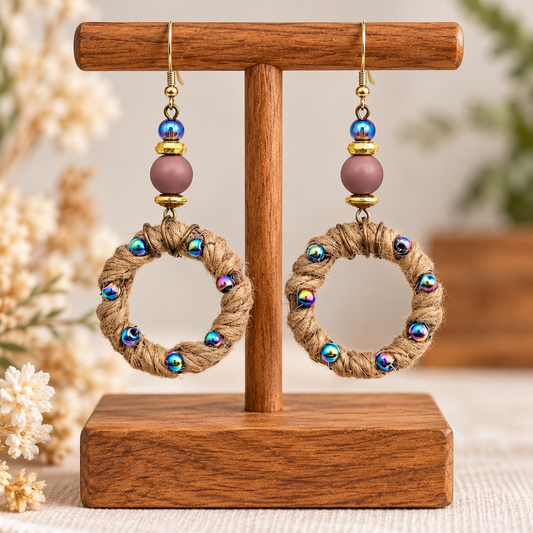 Handmade bohemian hematite jute wood bead round dangle earrings with silver-plated hooks on stand