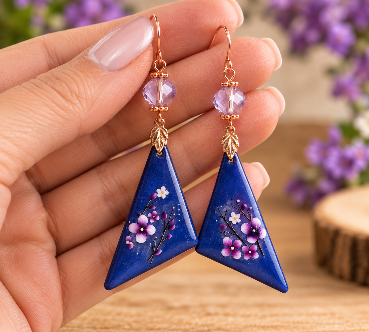 A close-up of a hand holding a pair of dangling triangular earrings. The earrings have a deep blue base with painted purple and white flowers, gold hooks, and faceted lavender beads at the top.