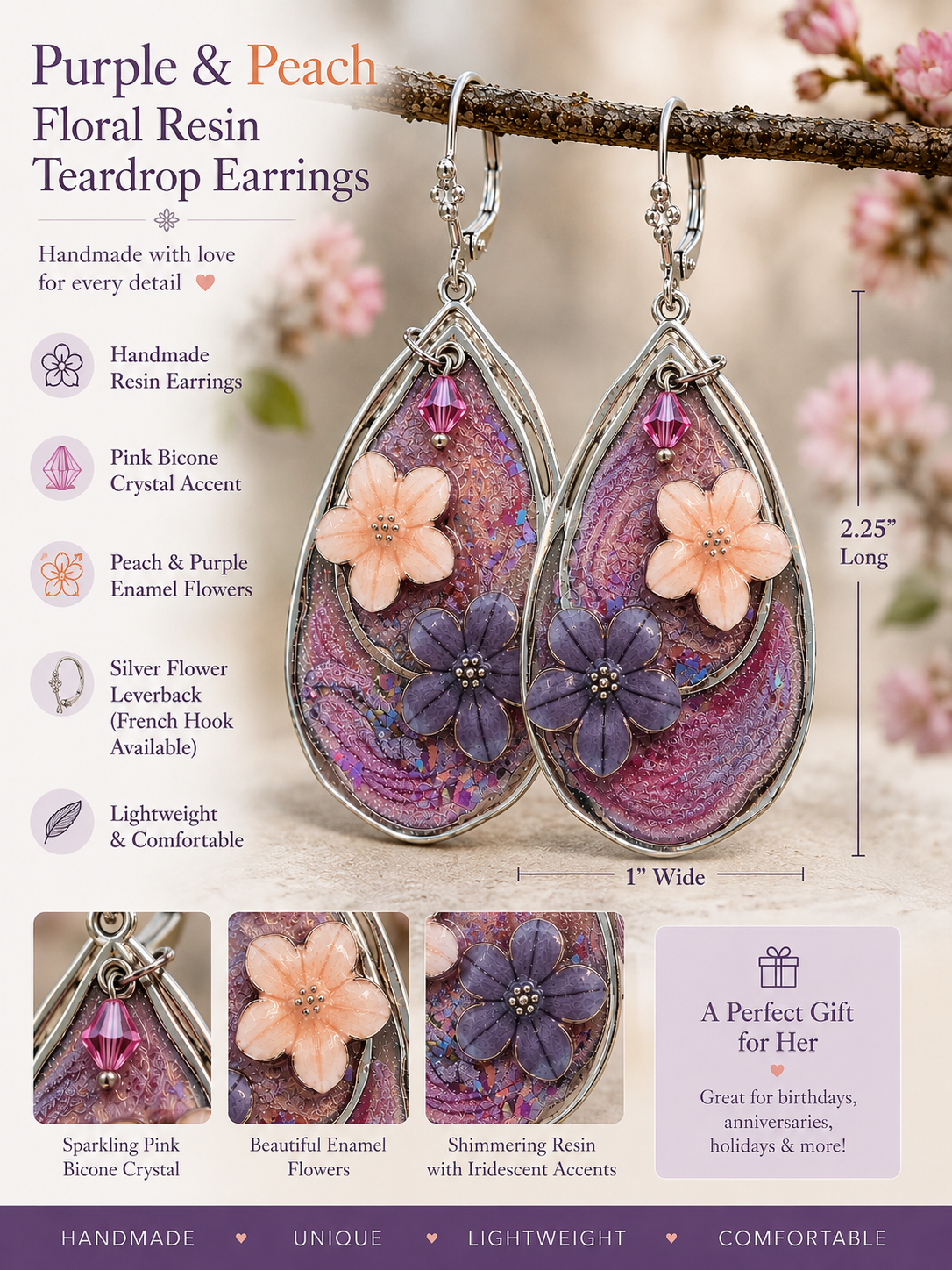 Purple & Peach Floral Resin Teardrop Earrings – Handmade Pink Crystal Silver Leverback Earrings