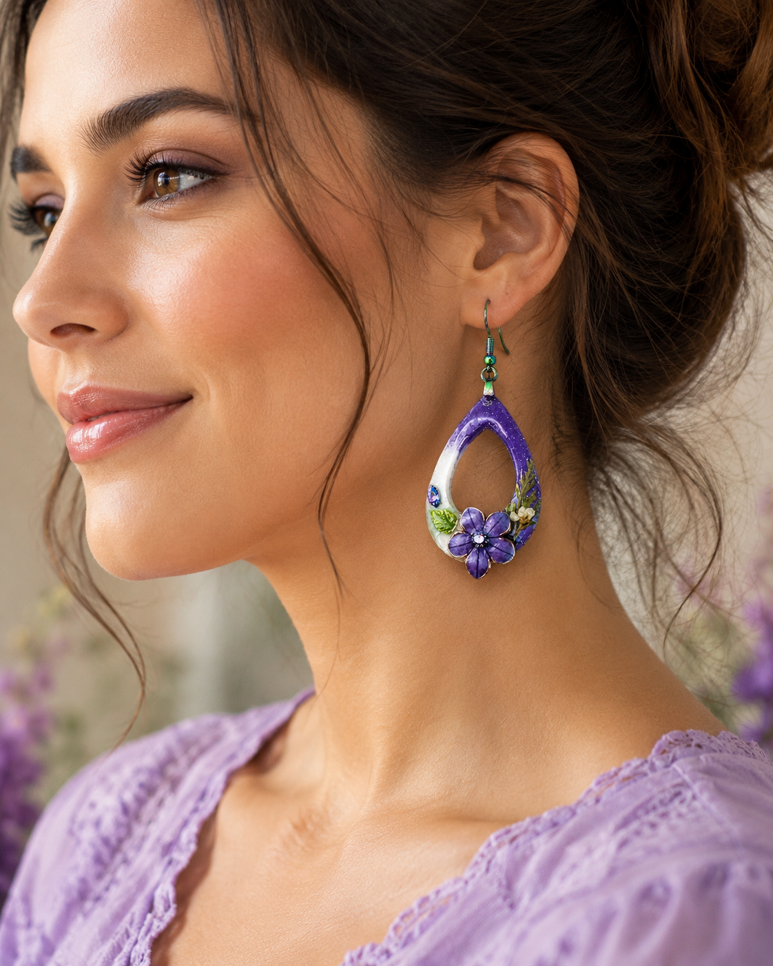 Purple Floral Teardrop Resin Earrings – Handmade Botanical Jewelry