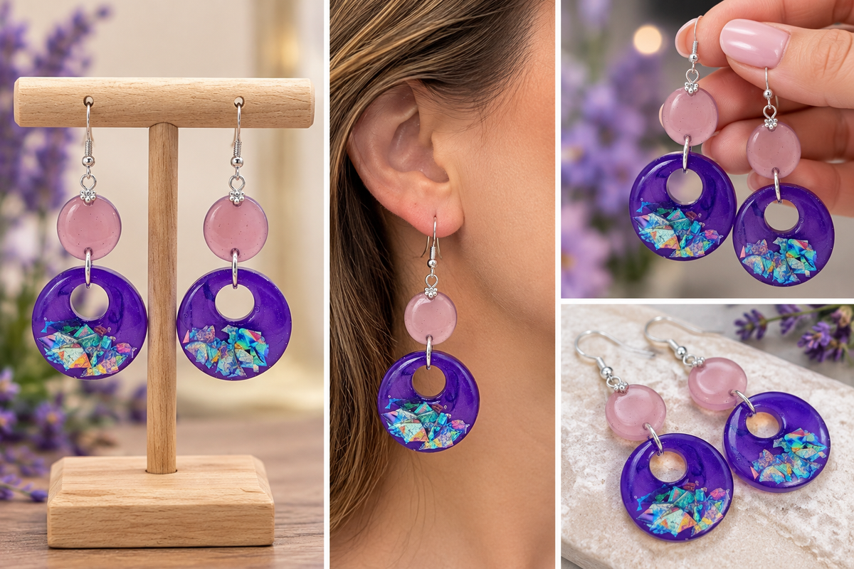 Handmade purple resin circle earrings with pink beads in a collage of stand display, model wear, hand-held, and flat lay shots