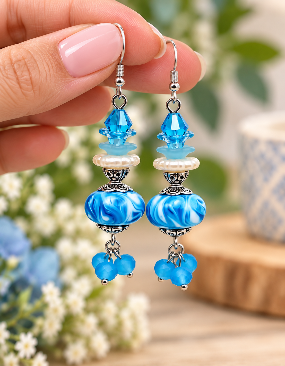Blue handmade beaded dangle earrings held between fingers, featuring aqua crystal beads, pearl accents, marbled blue beads, silver-tone details, and dangling blue bead clusters.