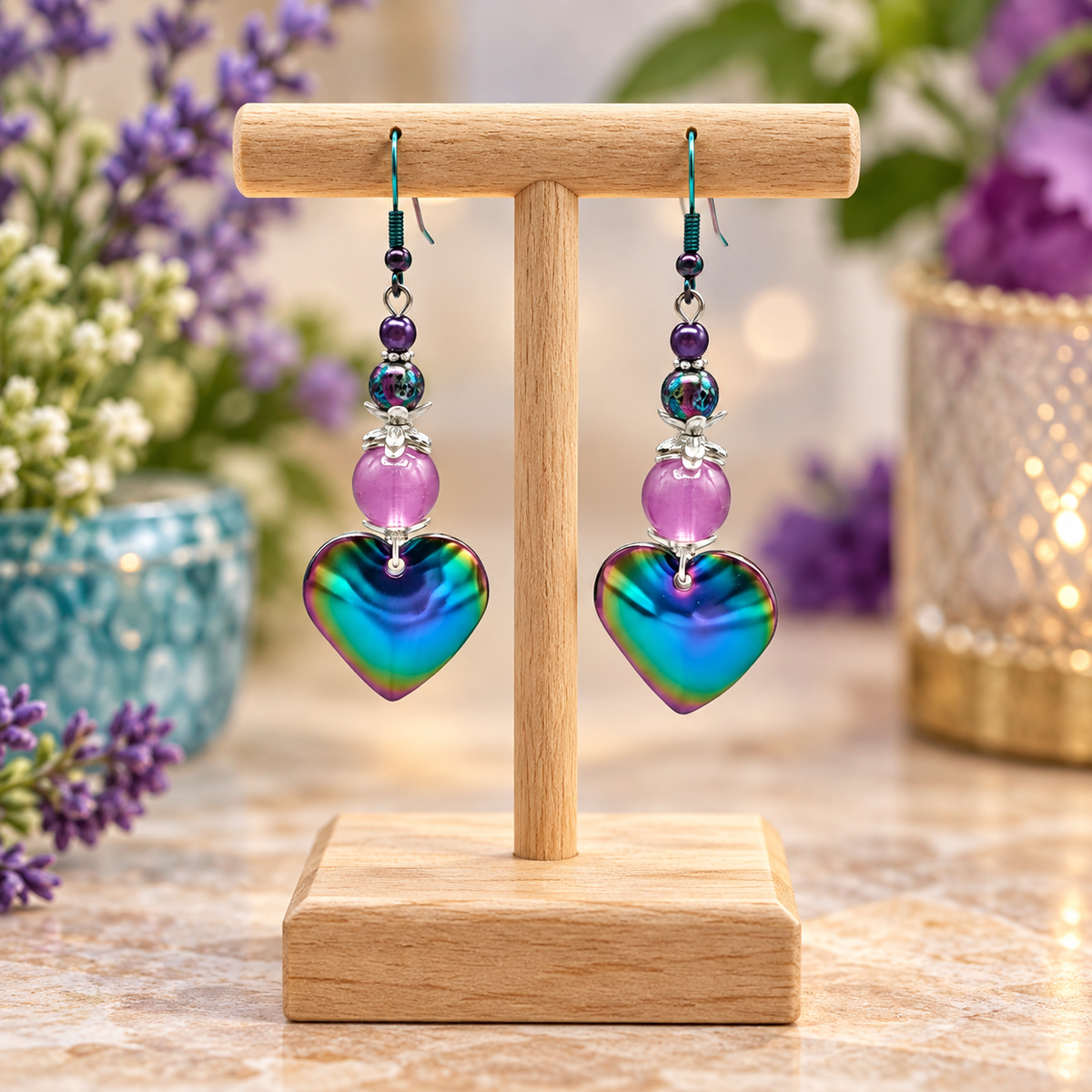 Handmade rainbow stainless steel heart dangle earrings with lava beads on display stand