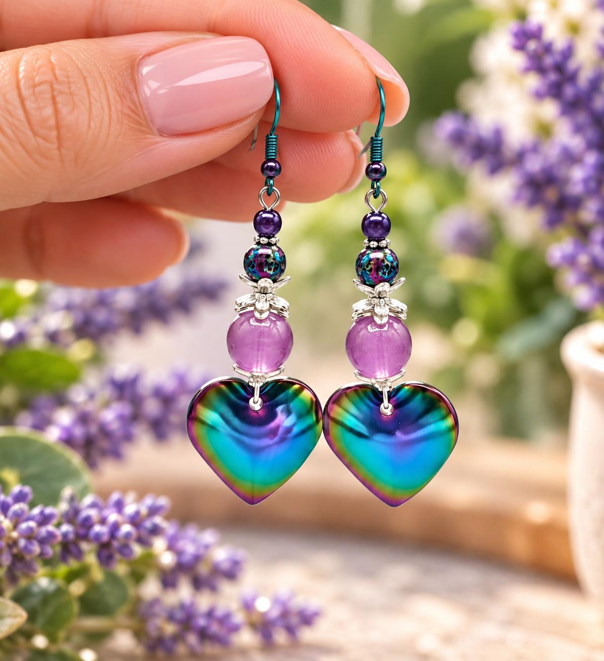 Hand holding handmade rainbow heart dangle earrings with iridescent beads and purple glass beads