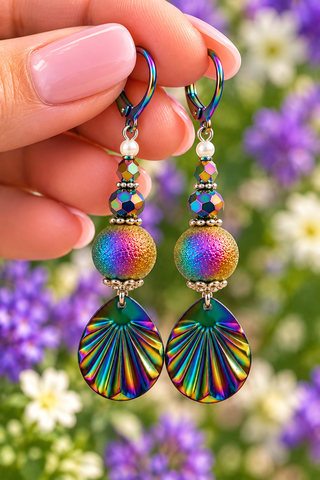 A close-up of a hand holding a pair of dangling earrings in front of a blurred garden background of purple flowers. The earrings feature iridescent rainbow-colored teardrop charms, textured gold-toned round beads, small iridescent faceted beads, and tiny white pearl-like accents on silver-toned hooks.
