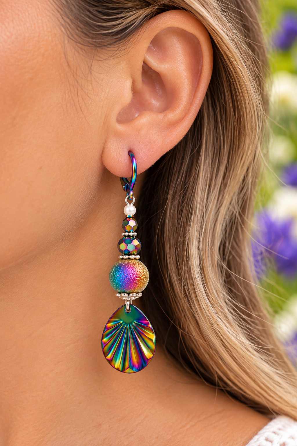 A close-up of a model's ear wearing a dangling earring with iridescent rainbow beads, a small pearl-like bead, and a large teardrop-shaped iridescent charm.