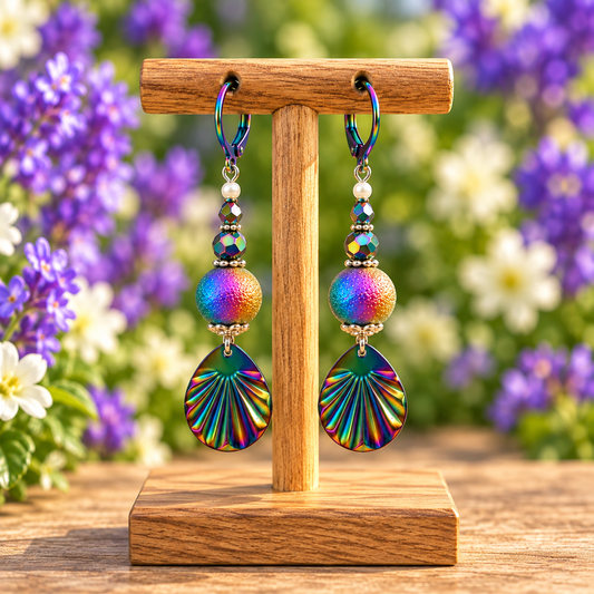 A pair of dangling earrings displayed on a wooden stand, with a blurred background of purple and white flowers. The earrings feature iridescent rainbow-finish beads and teardrop-shaped drops.