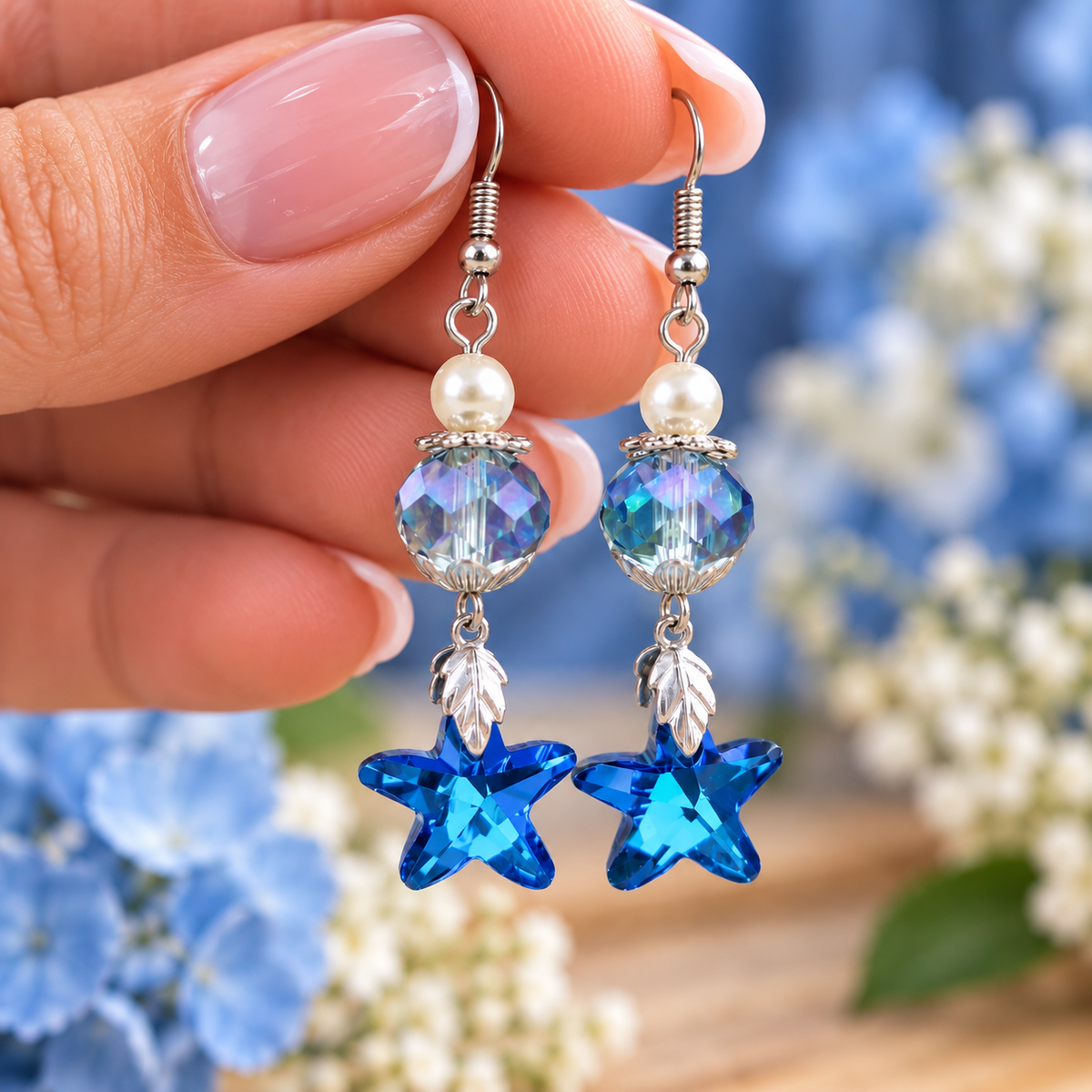 A close-up of a hand holding a pair of dangling earrings with silver-tone hooks, white pearl-like beads, iridescent blue faceted beads, and bright blue star-shaped crystals, against a blurred background of blue flowers.