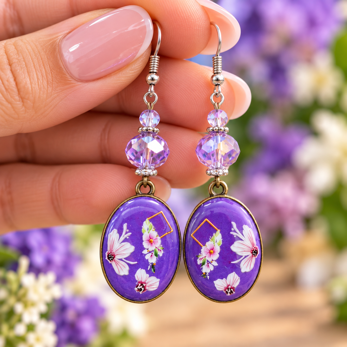 A close-up of a hand holding a pair of dangling earrings with purple oval charms decorated with white flowers and gold geometric accents, suspended from silver hooks with purple beads, against a blurred background of purple and white flowers.