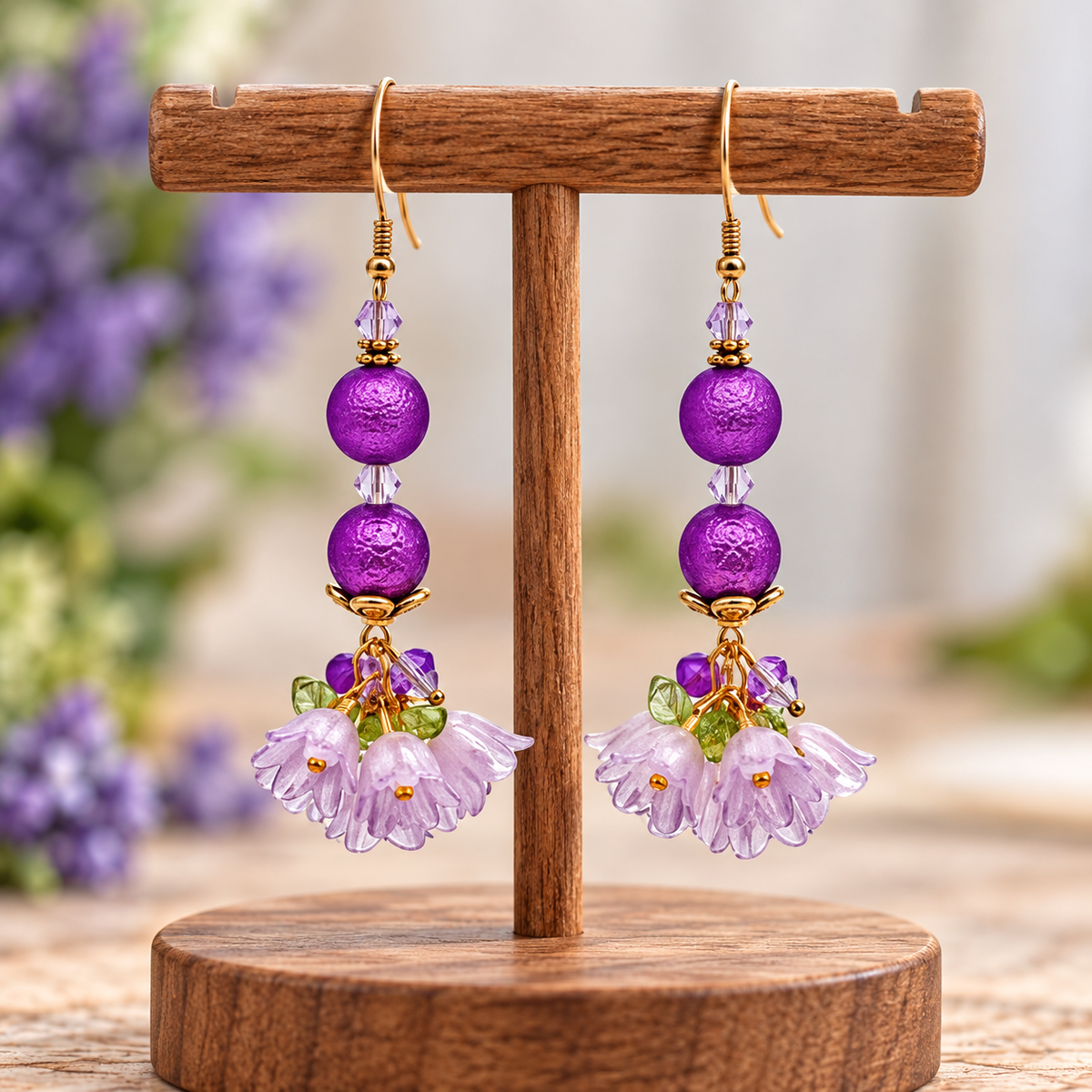 A pair of dangling earrings displayed on a wooden stand. Each earring has gold-tone hooks, two large textured purple beads, small clear crystal accents, and a dangling floral cluster with pale lavender petals and tiny green leaves.