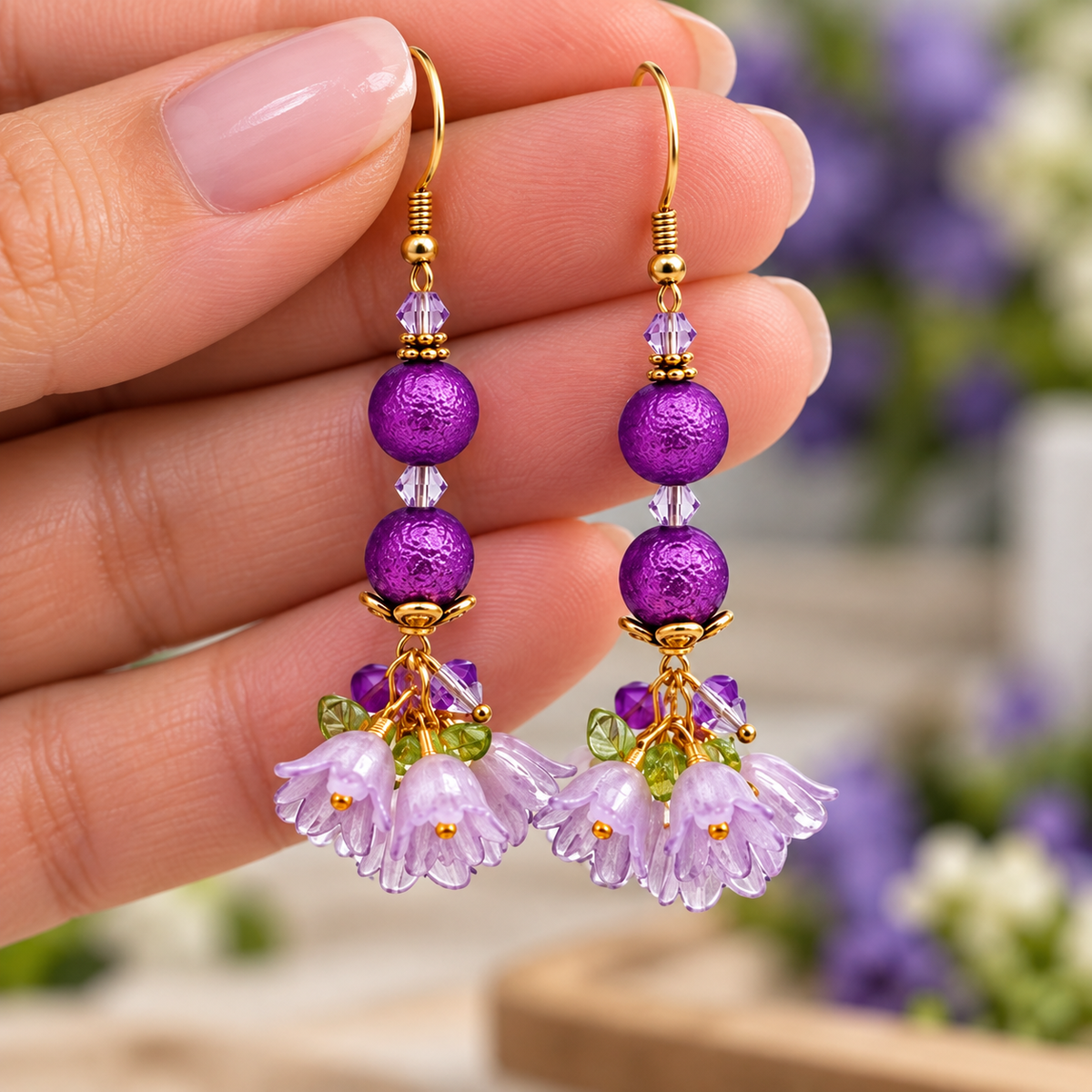 A close-up of a hand holding a pair of dangling earrings. The earrings feature textured purple beads, small clear crystal accents, and light purple bell-shaped flower charms with gold-tone metal findings.