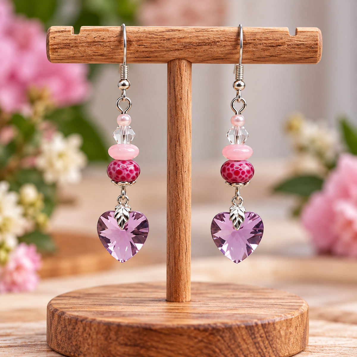 A pair of dangling earrings displayed on a wooden stand. Each earring has silver-tone hooks, a small clear faceted bead, a light pink bead, a darker pink patterned bead, and a heart-shaped purple crystal dangle.