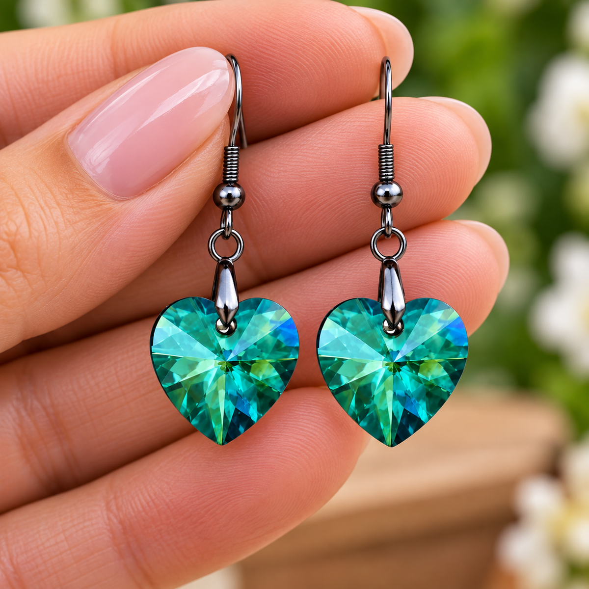 Hand holding handmade peacock blue iridescent heart crystal dangle earrings