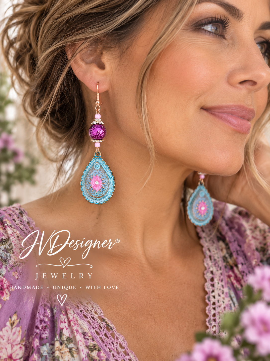 Handmade Purple & Turquoise Teardrop Earrings | Boho Floral | Gold Fishhook | 2.5" | JVDesigner