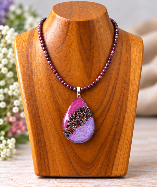 A teardrop-shaped pendant necklace with a purple and pink marbled stone design and black glitter accents, displayed on a wooden jewelry bust with a beaded chain.
