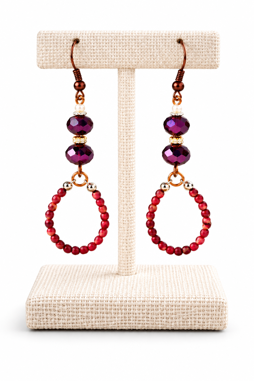 Purple Crystal Teardrop Earrings – Handmade Beaded Copper Dangle Earrings