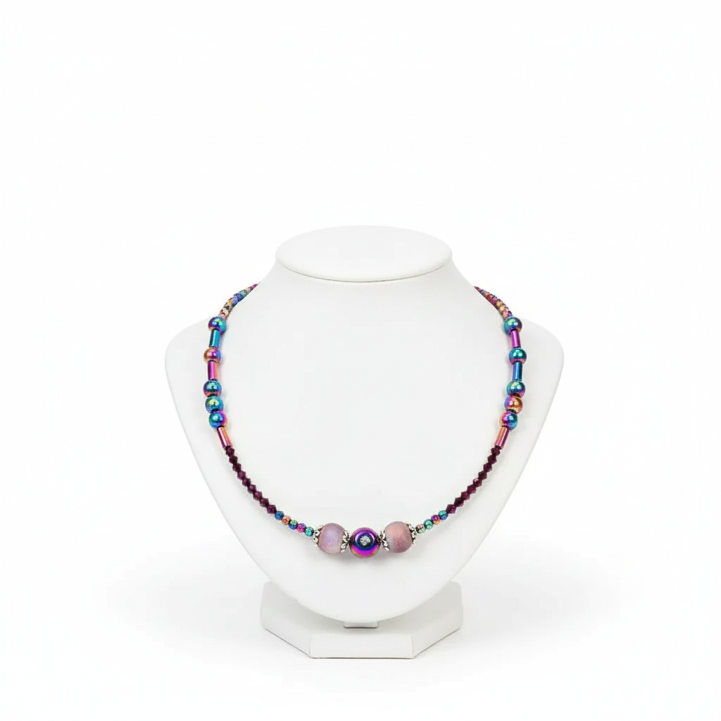 Hematite Rainbow Necklace - 17" Crystal Butterfly Pendant Silver Chain Jewelry