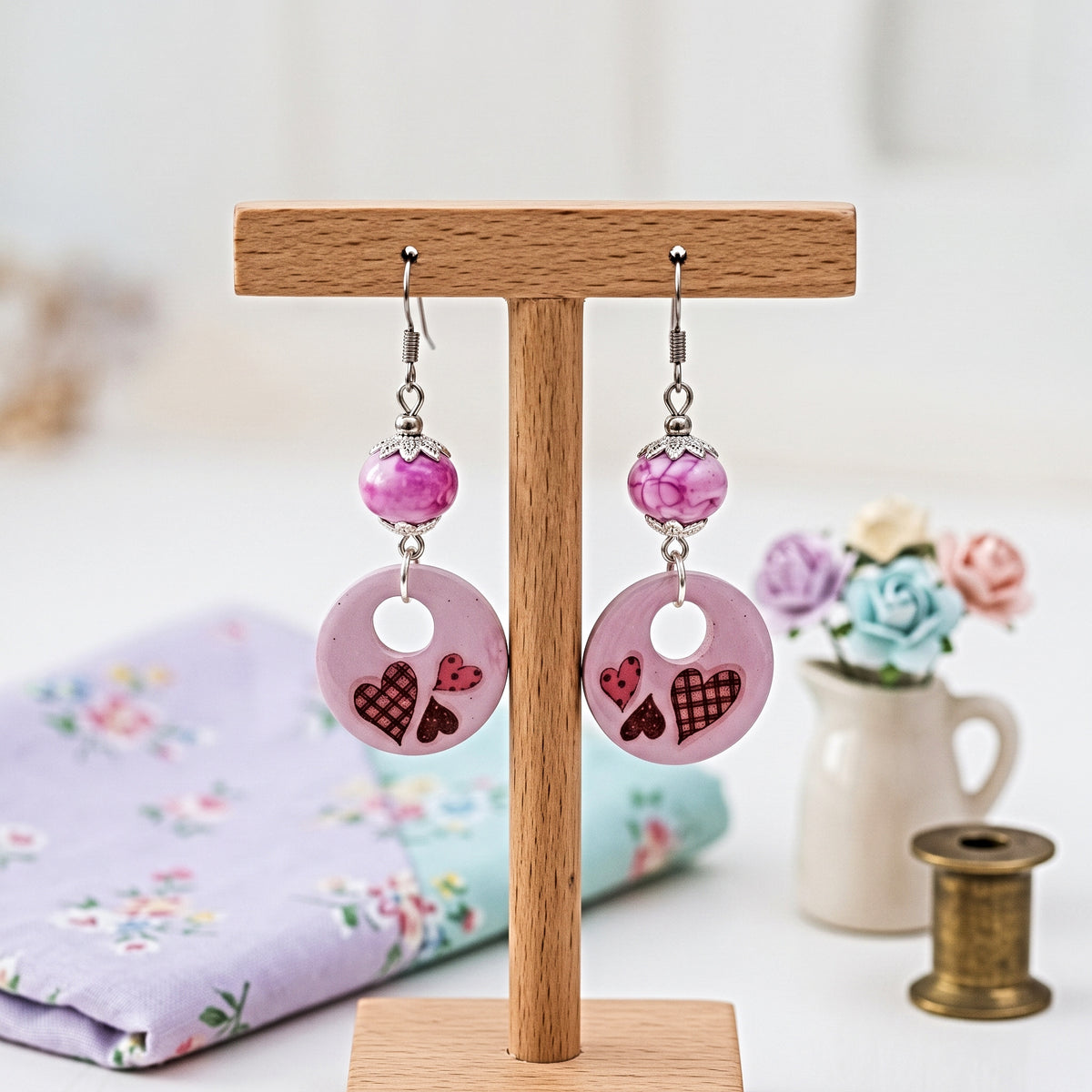 A pair of handmade dangle earrings displayed on a wooden T-stand. The earrings feature silver-toned fishhook wires, a round pink bead with a pink-and-white marble pattern, and a larger circular pink disc charm decorated with small red and brown heart designs.