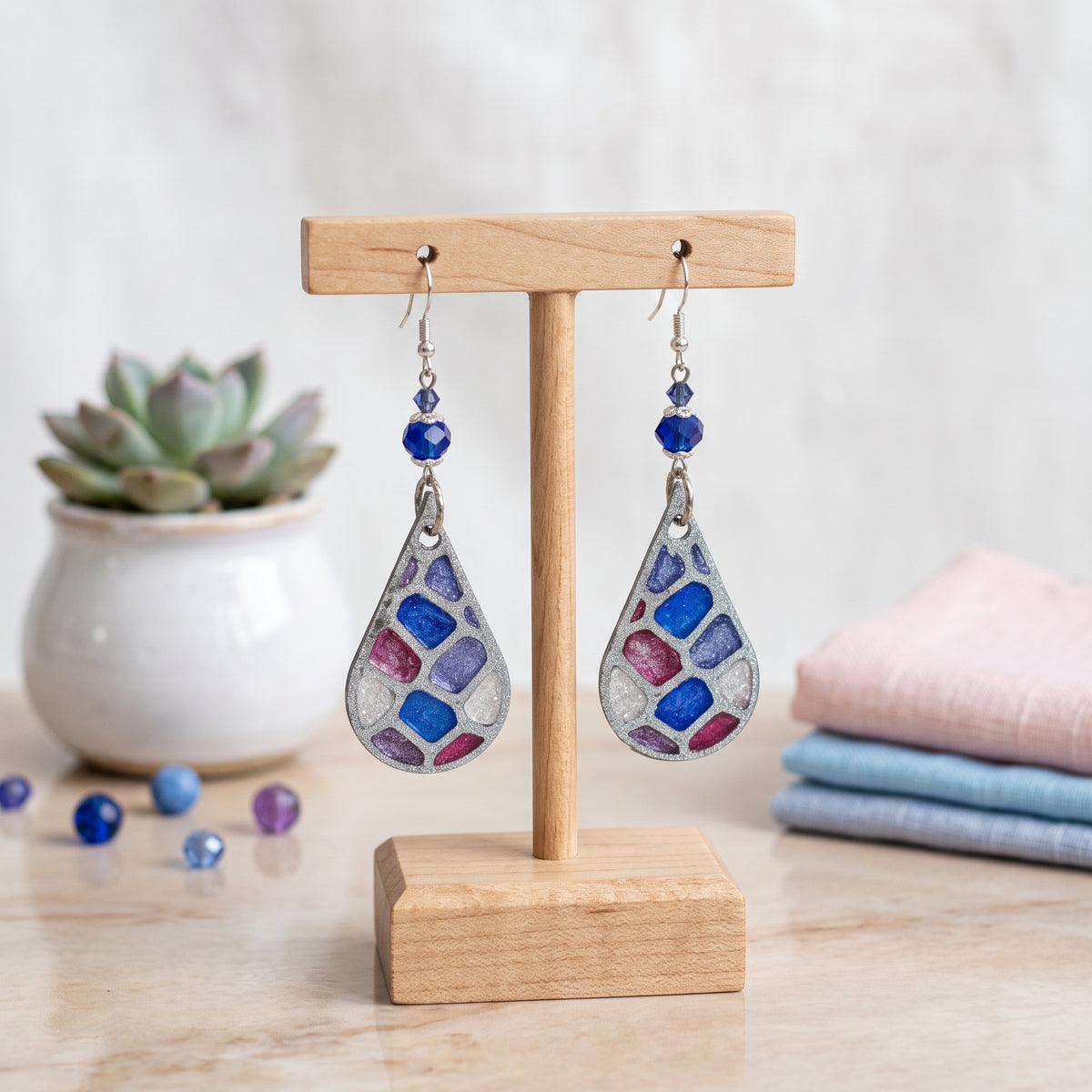 Handmade long silver grey drop dangle earrings with sophisticated grey beads, 3.25 inches