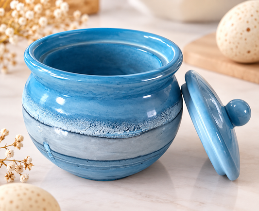 Handmade blue speckled resincrete trinket jar with its lid resting beside it on a white marble surface
