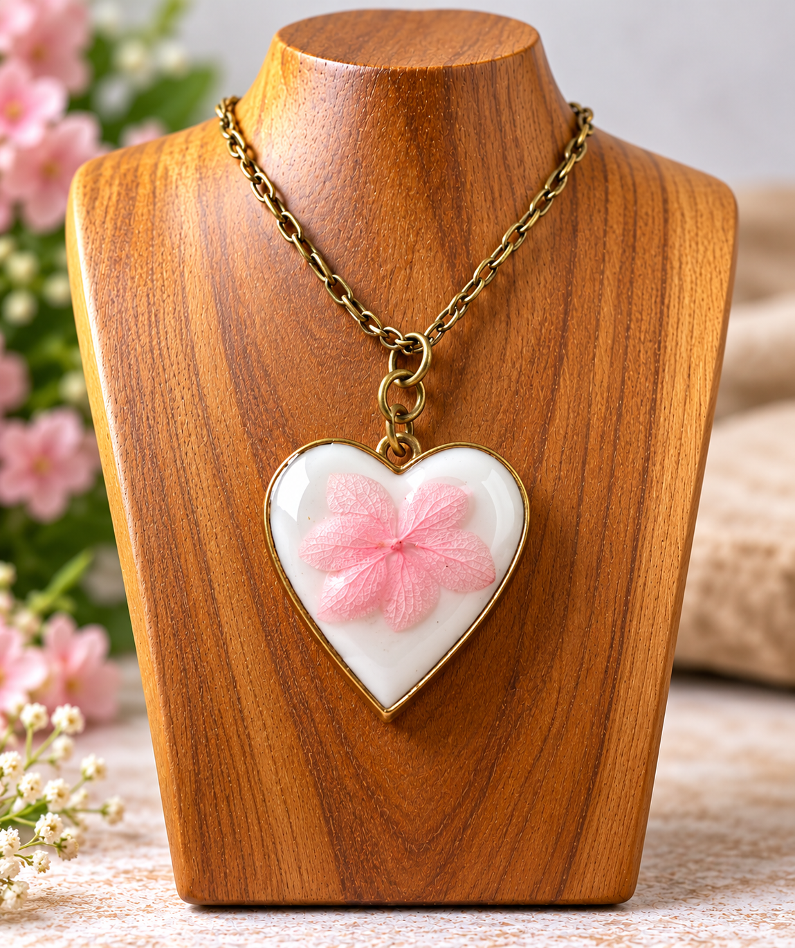 A heart-shaped pendant necklace with a pink flower in a white resin center, displayed on a wooden bust. The necklace has an antique gold chain and bezel.