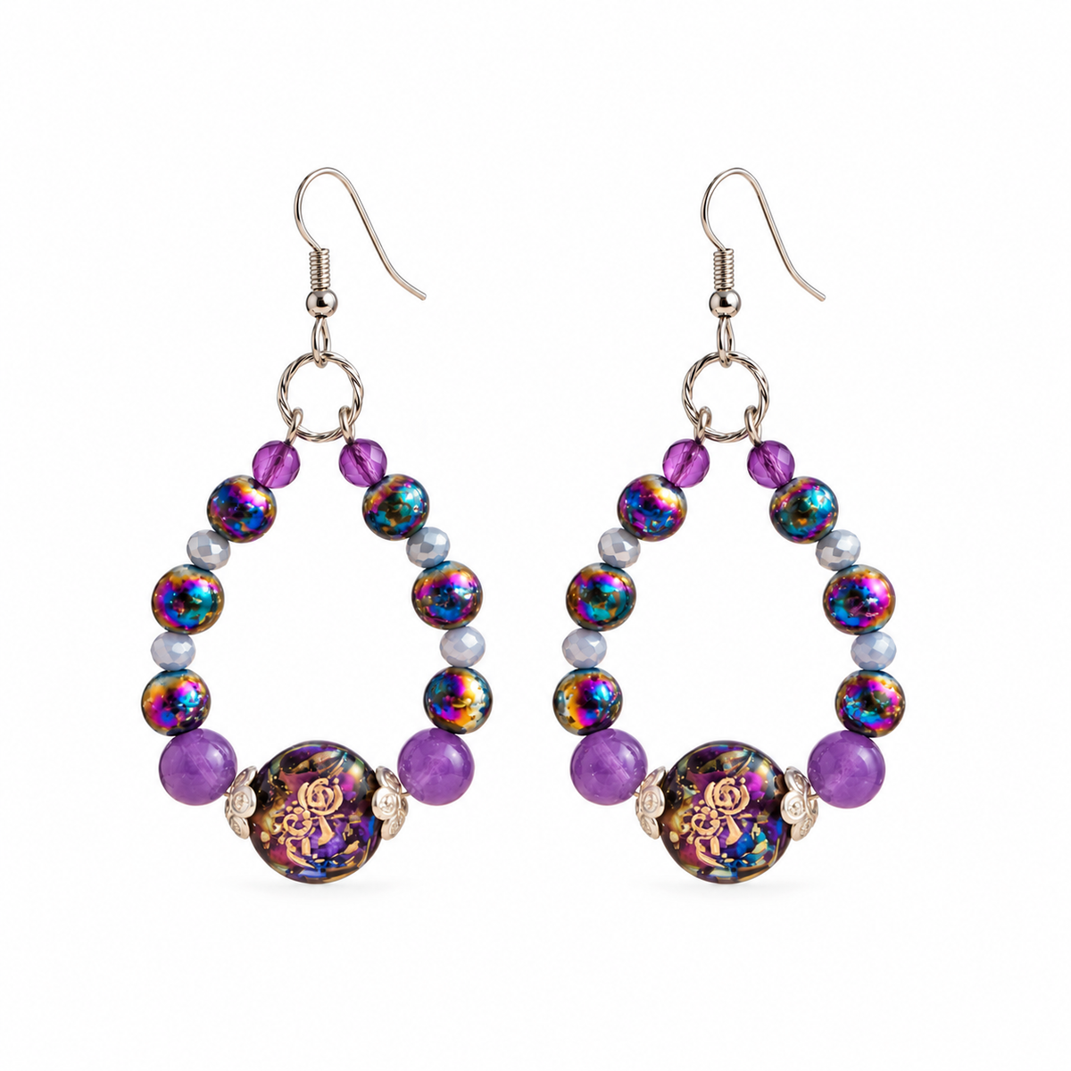 Purple Hoop Earrings Lampwork Cat Eye Beads | Silver Plated 2.5" | Handmade Jewelry