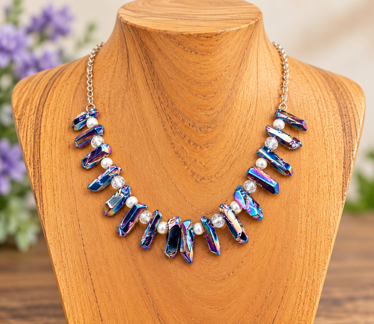 A statement bib necklace with iridescent blue and purple crystal chips and small white pearl accents, displayed on a wooden mannequin bust.