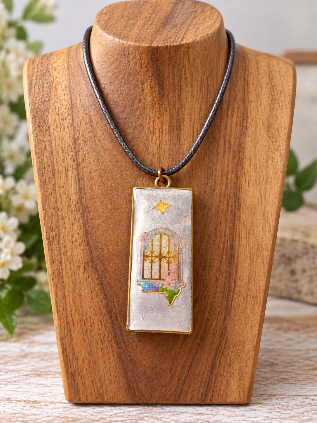 A rectangular pendant necklace displayed on a wooden bust. The pendant has a silver-toned background with a colorful illustration of an arched doorway in gold, pink, and blue, hanging from a black cord with gold-toned hardware.