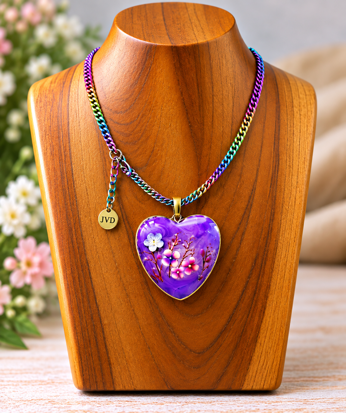A heart-shaped purple pendant necklace with floral details and a rainbow-colored chain, displayed on a wooden jewelry bust. The pendant features a purple background with pink blossoms and white flowers, and a small gold tag on the chain reads 'JYO'.