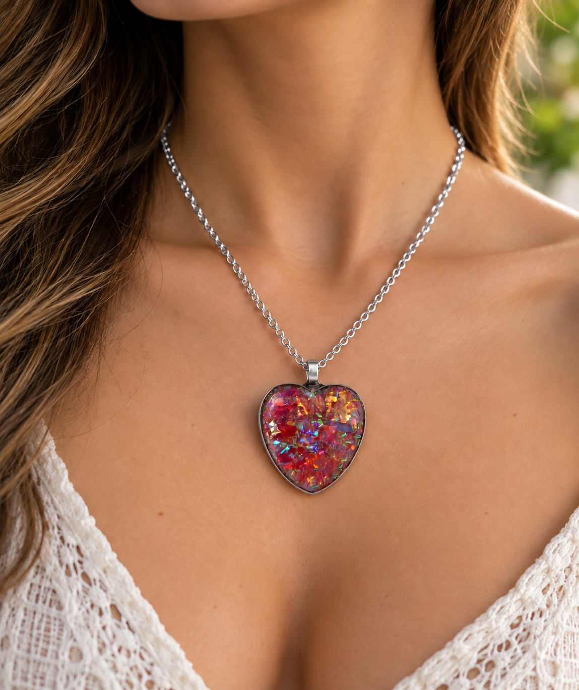 A close-up lifestyle shot of a woman wearing a silver chain necklace with a heart-shaped pendant filled with colorful crushed glass, including red, orange, and blue.