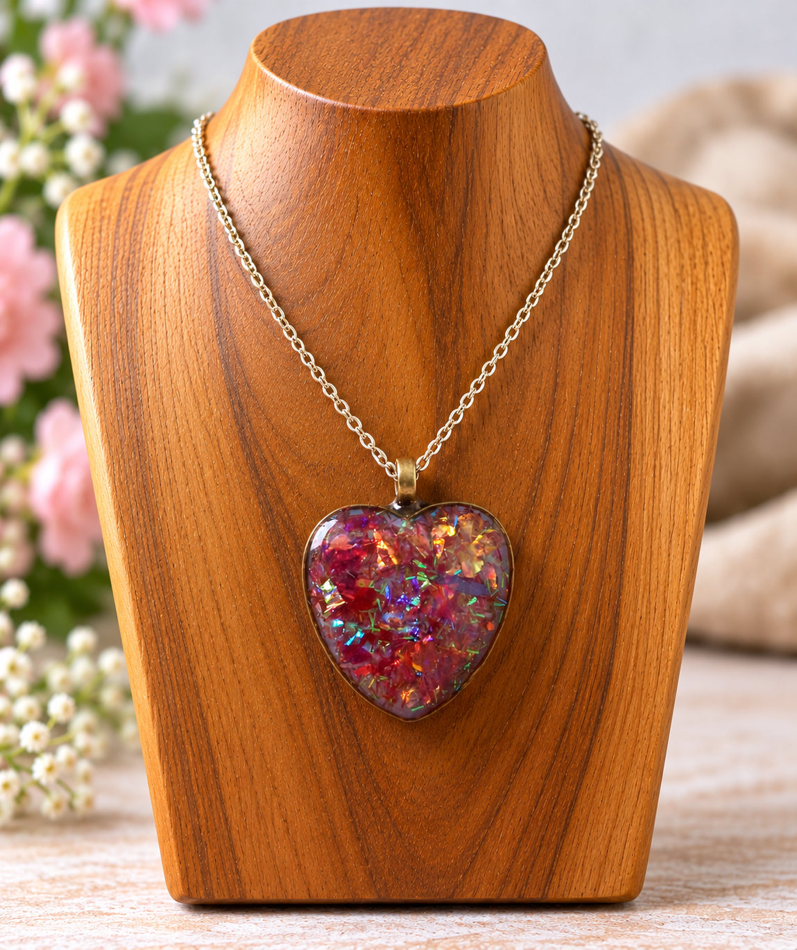 A heart-shaped pendant necklace with a multicolored iridescent opal inlay on a gold-tone chain, displayed on a wooden jewelry bust.