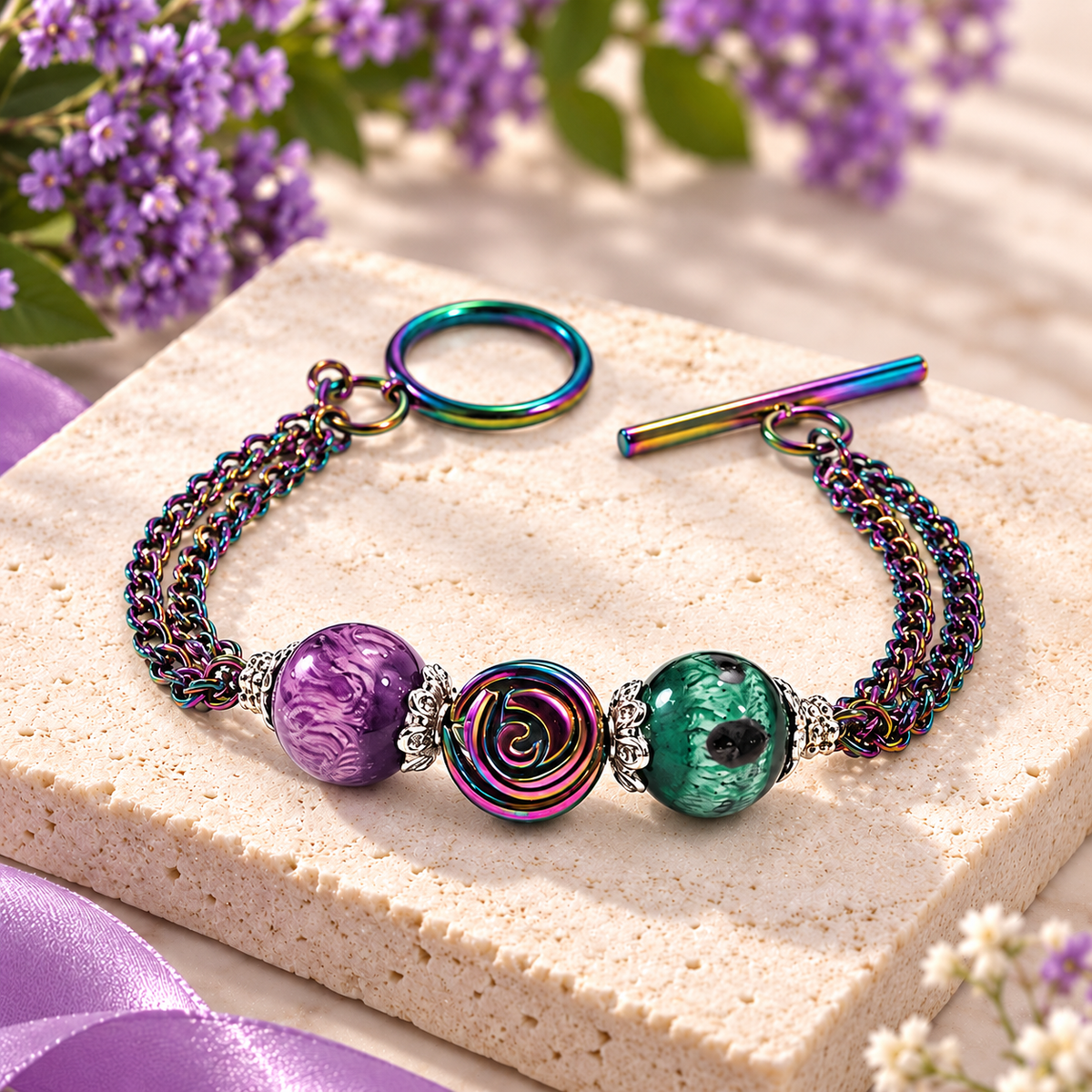 Bracelet fleur plaqué ionique perlé arc-en-ciel - Bijoux en verre filé au chalumeau